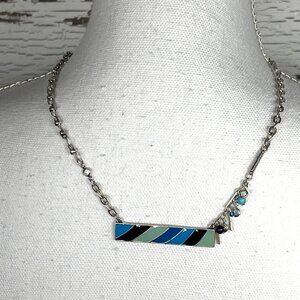 CHICO’S Ade Collection Blue Stripe Bar Necklace Silver Tone NWT